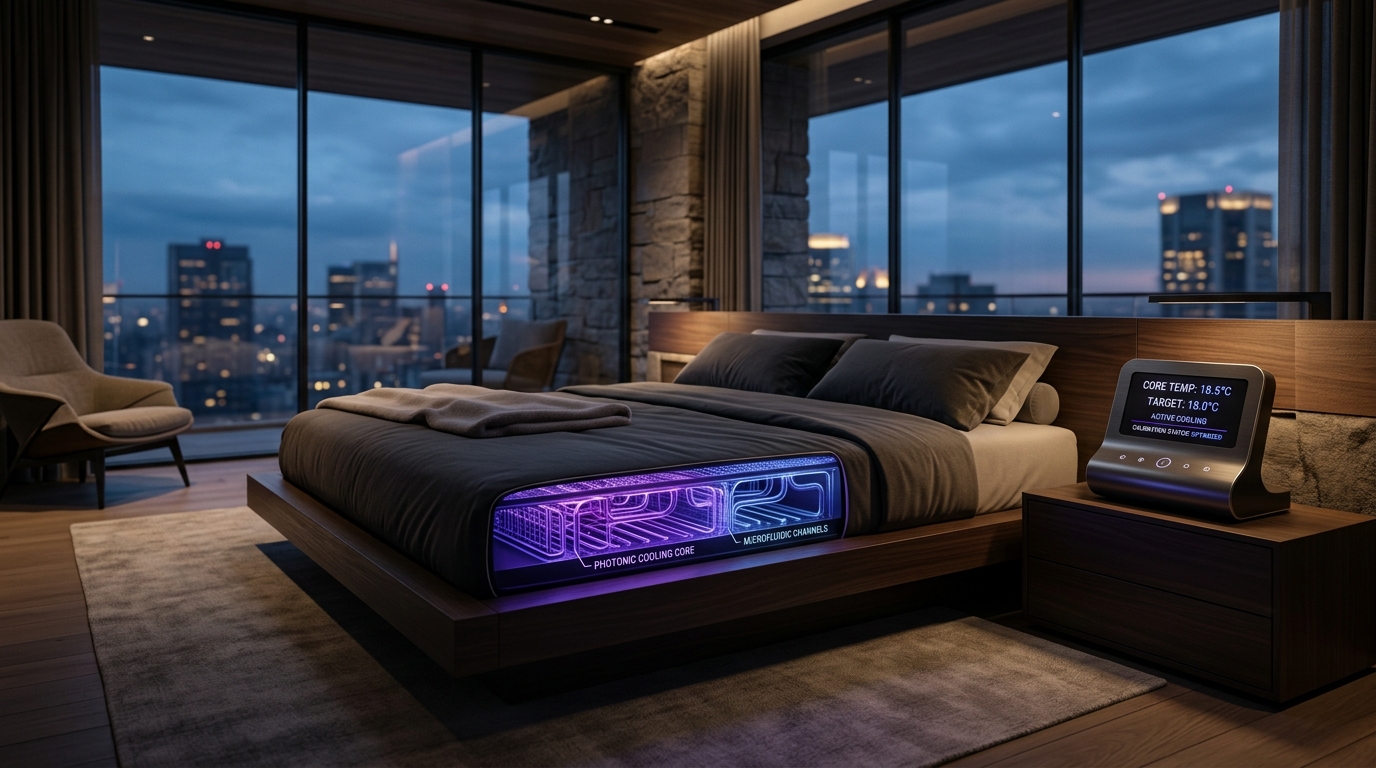 Eight Sleep Pod 4 Ultra hydro cooling active thermal pad on platform bed with core temperature display