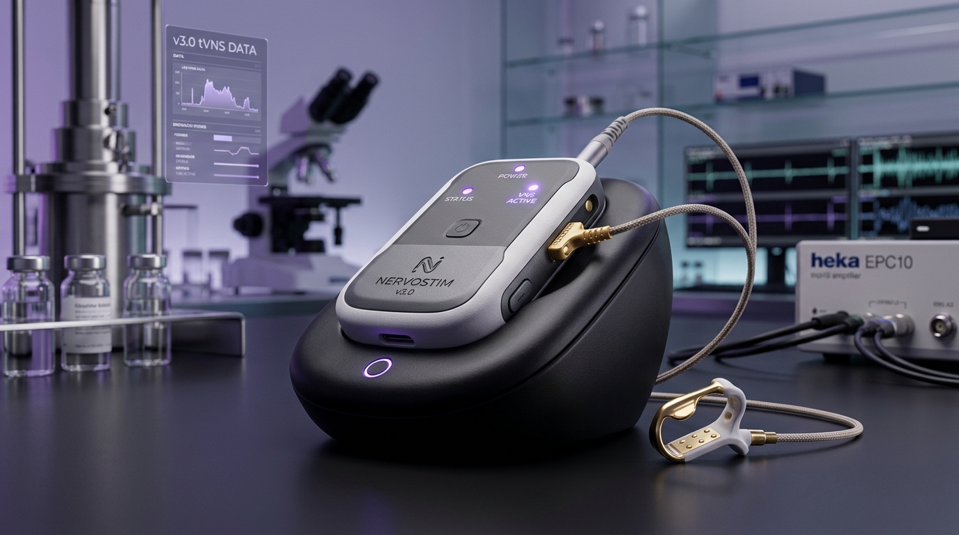 Transcutaneous vagus nerve stimulation tVNS device with auricular tragus clip on dark charging dock