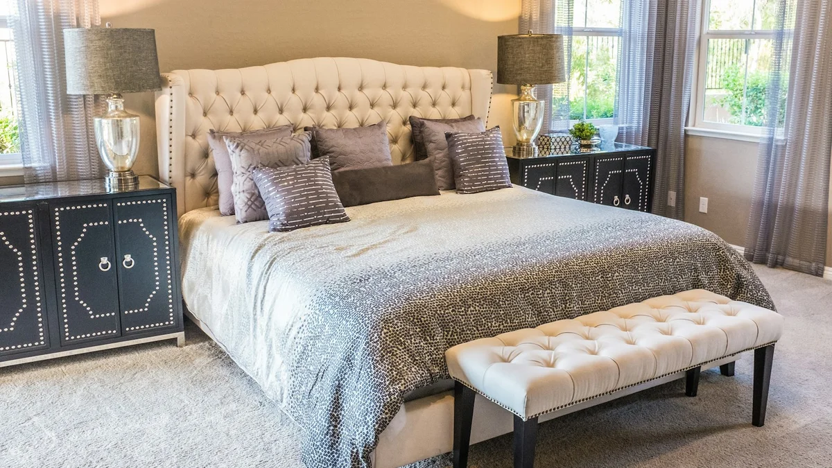Modern master bedroom with dual-zone active temperature-regulated mattress cooling system
