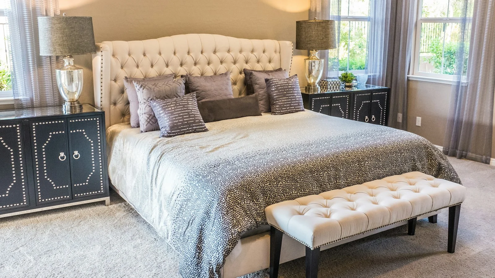 Modern master bedroom with active temperature-controlled mattress pad and sleep cooling hardware
